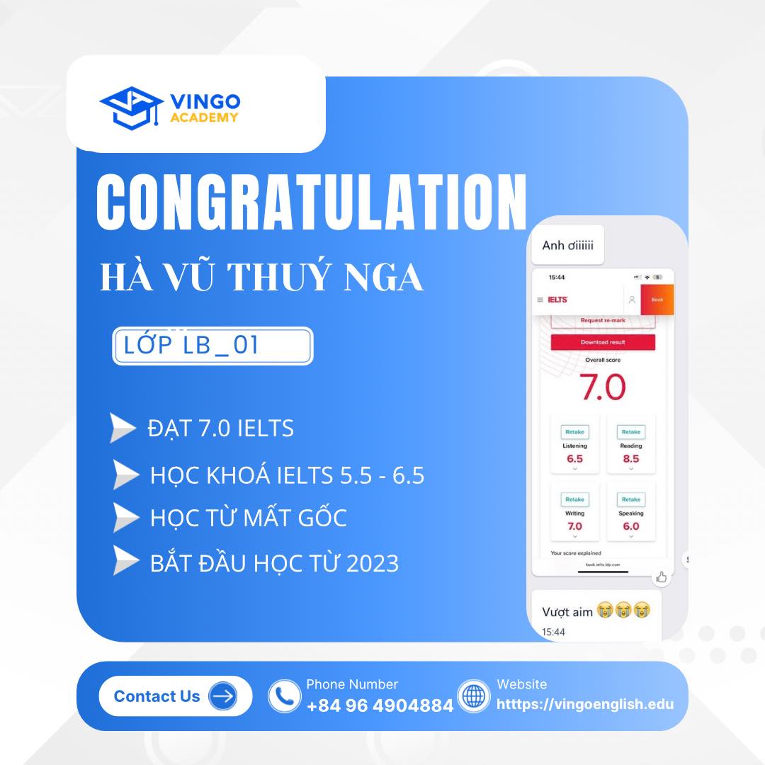🎉 CHÚC MỪNG HỌC VIÊN HÀ VŨ THUỲ NGA - LỚP LB_01 ĐẠT IELTS 7.0 🎉